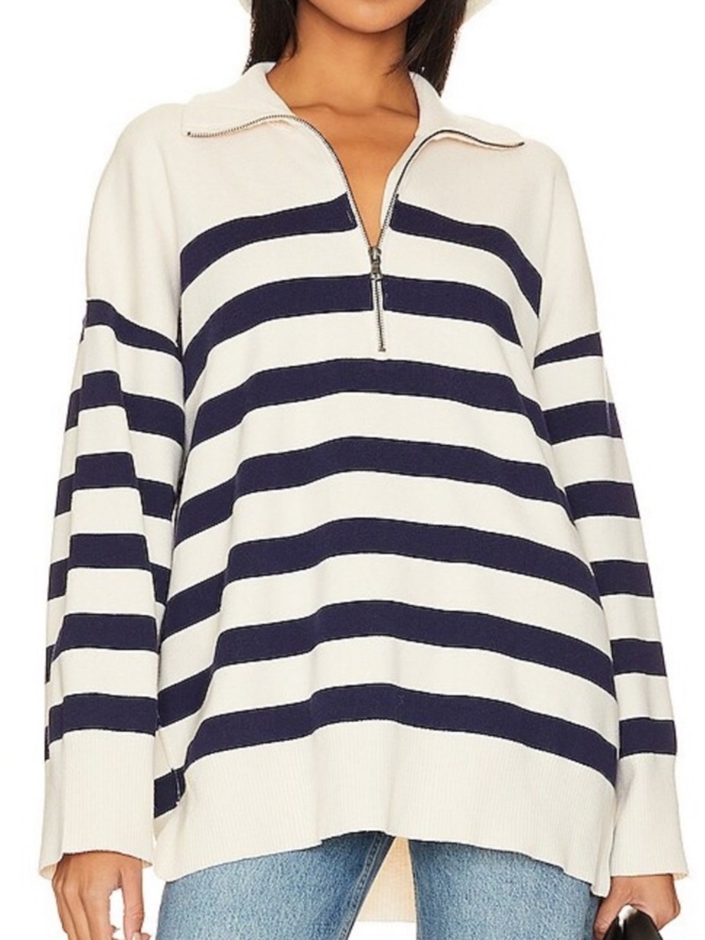 Free People Coastal Stripe Navy & White Quarter Zip Sweater Size Large